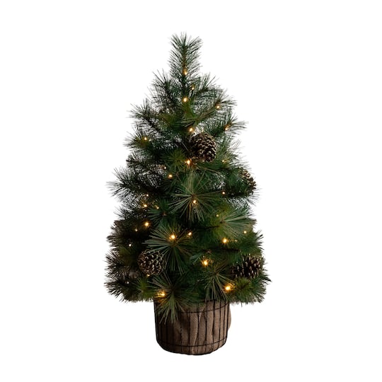 Nearly Natural 3Ft Pre-Lit Artificial Pine & Pinecone Christmas Tree in Jute Wire Planter, Warm White LED Lights in Green | 3 ft | Michaels®